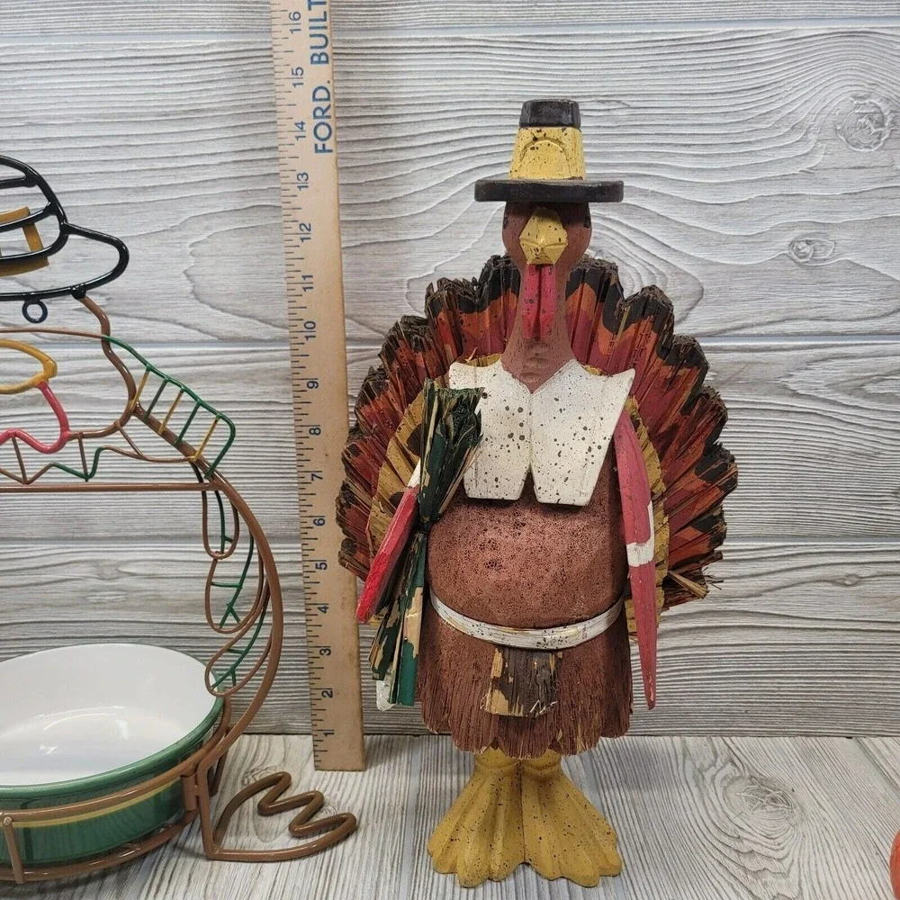 LTD Commodities Thanksgiving Turkey Decor Set Brown Green Wire Dish and Figurine